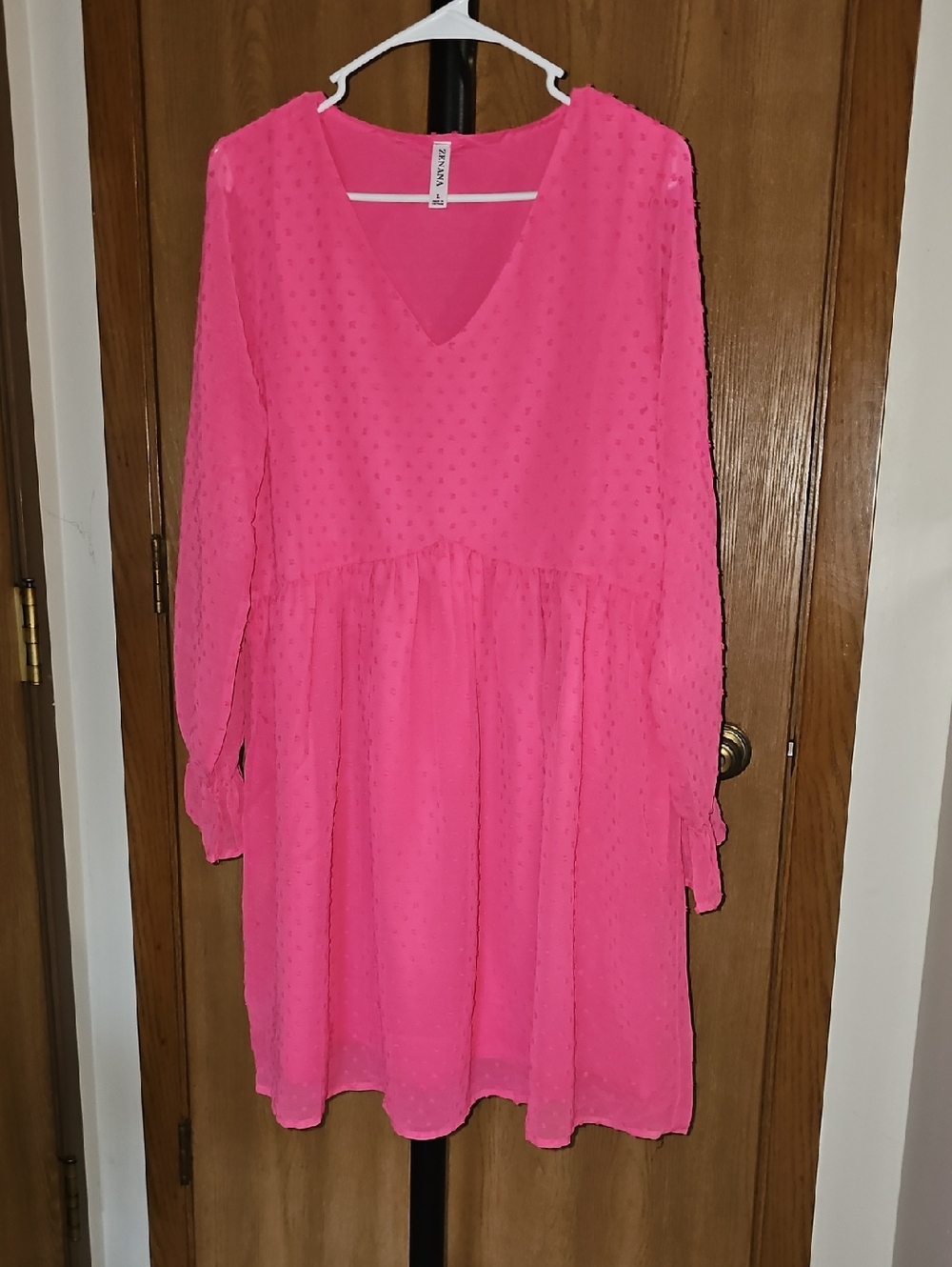 Zenana Baby Doll Bright Pink Textured V-Neck Dress
